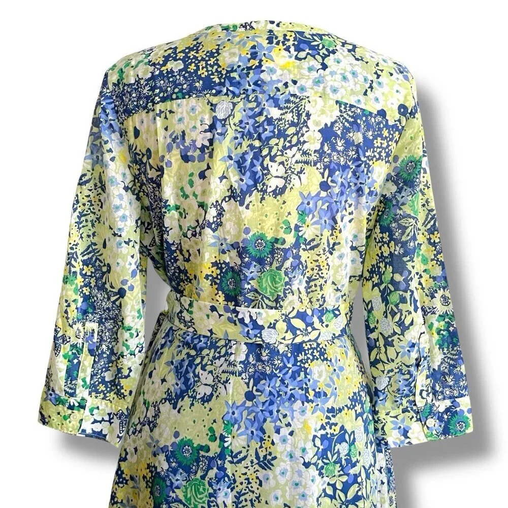 Talbots Womens Midi Dress Sz 14P 14 Petite Blue Butterfly Floral Belted Cotton